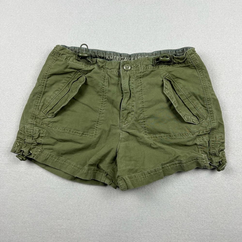 American Eagle Women's 0 Olive Stretch Utility Cargo Shorts Flap Pockets Cinches